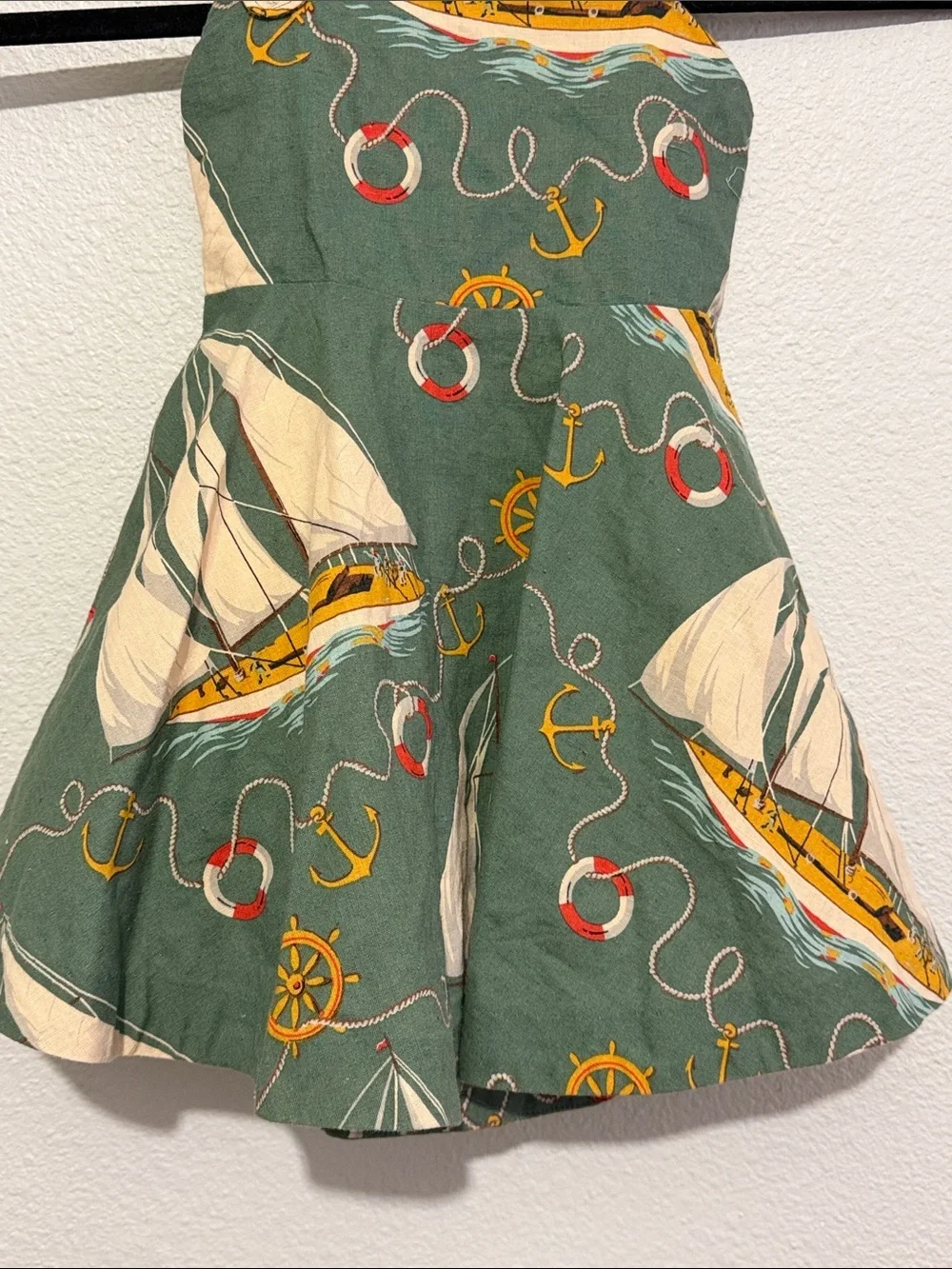 Ralph Lauren Green Nautical Sailboat Girls' Swirl Sundress Open Back Linen Blend
